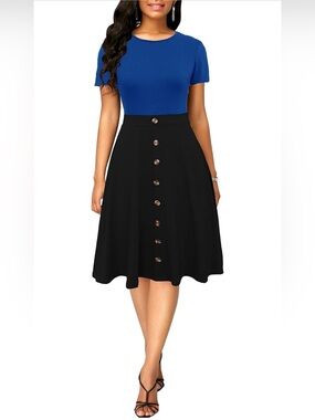 Berydress Women's Black and Cobalt Blue Midi Dress - Classic Scoop Neck